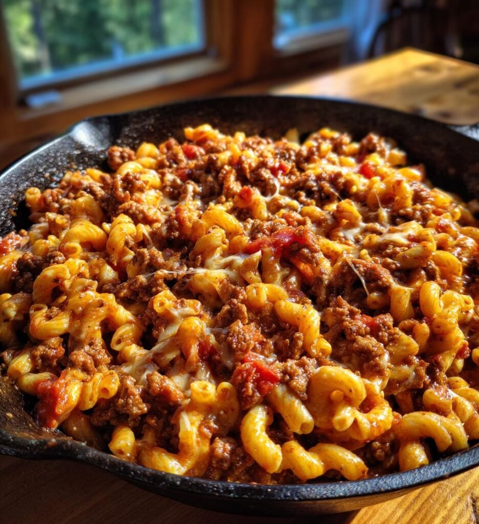 Cheesy hamburger pasta skillet