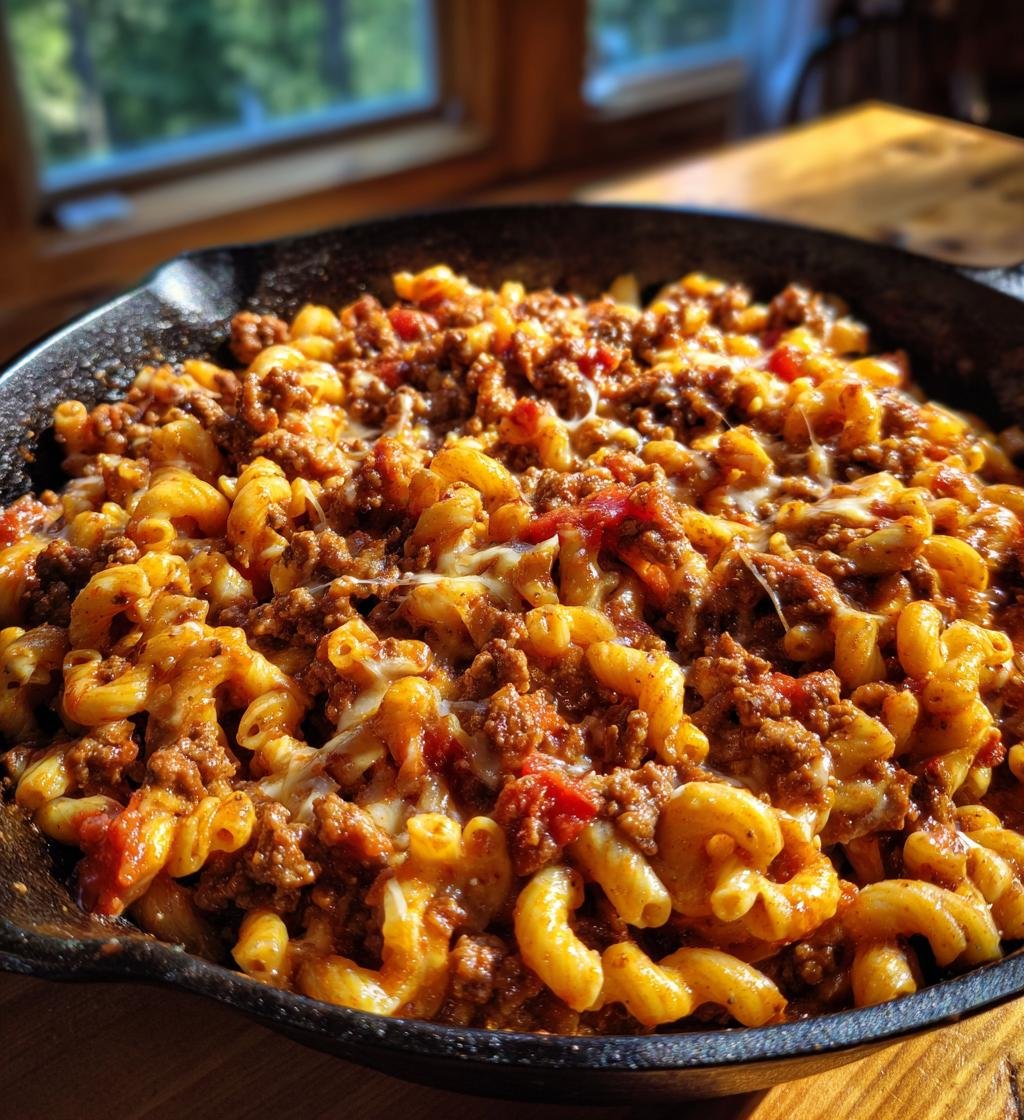 Cheesy hamburger pasta skillet