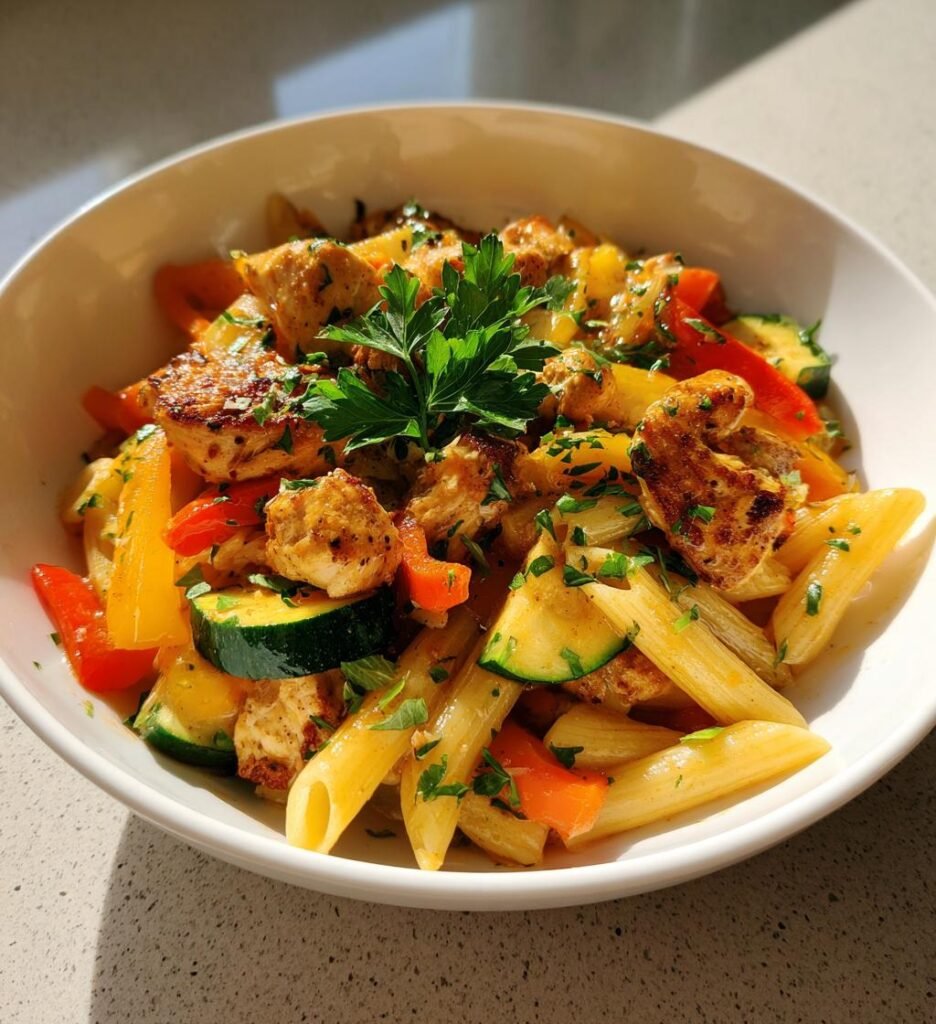 Lemon chicken pasta primavera (fresh seasonal dish)