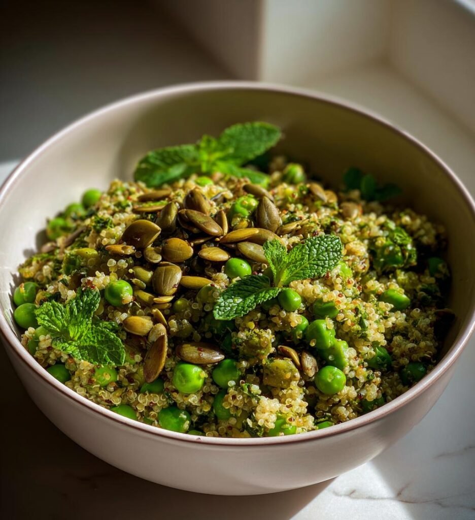 Pea salad with crunchy grains (healthy trend)