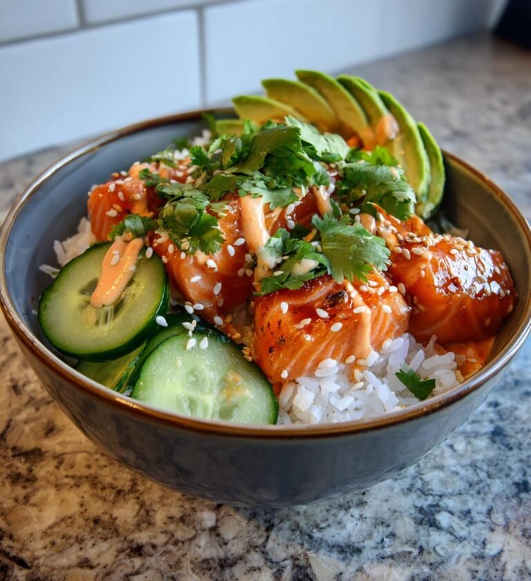 Salmon rice bowl with spicy mayo