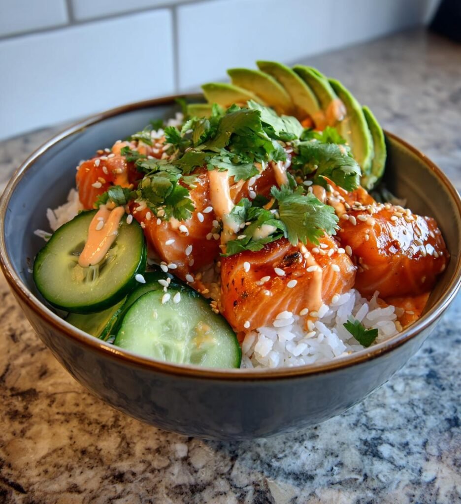 Salmon rice bowl with spicy mayo