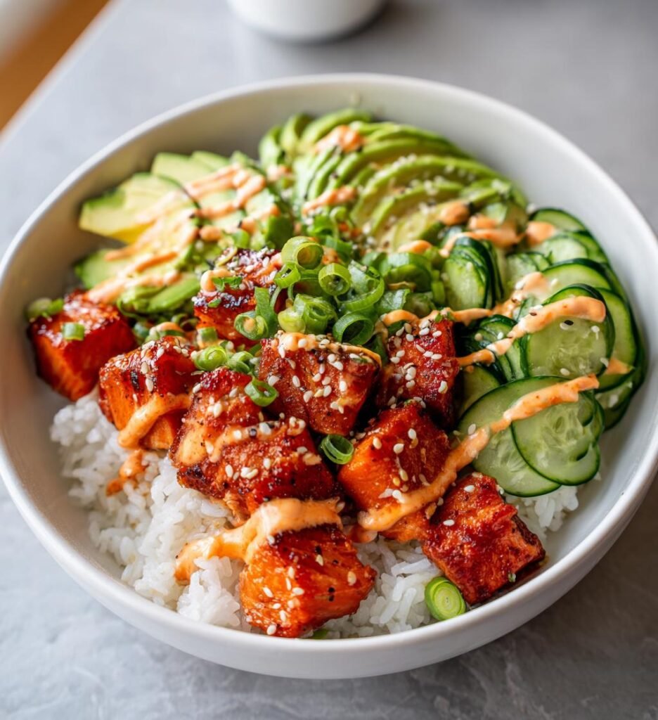 Salmon rice bowl with spicy mayo