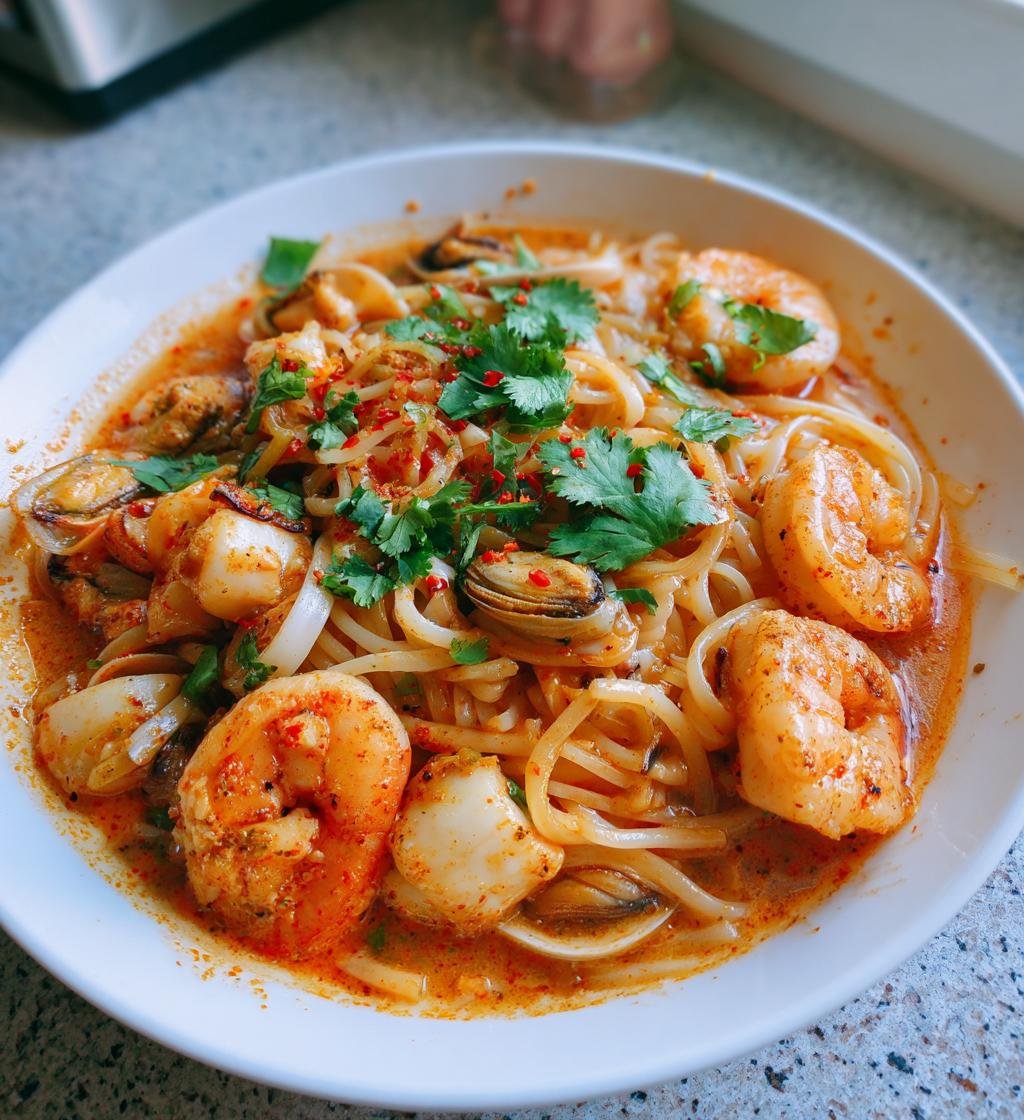 Tom yum seafood pasta (Asian fusion)